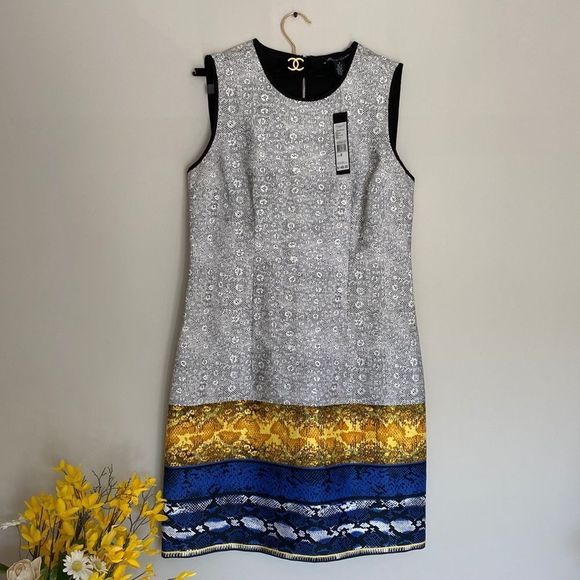 🔴 NWT Kenneth Cole Black White Blue Multi Print Shift Cocktail Dress - Picture 7 of 14